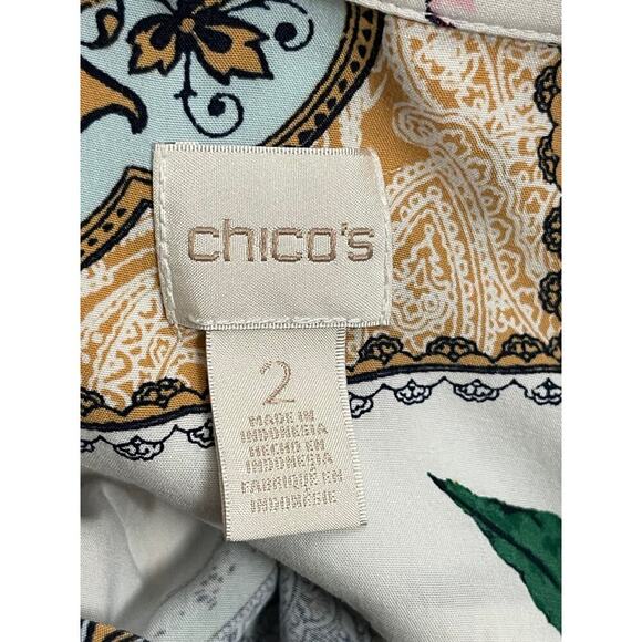 Chicos Size 2 Silky Soft Floral Tiles Tunic Chest Pockets Hi Lo Blouse Top - Picture 3 of 10